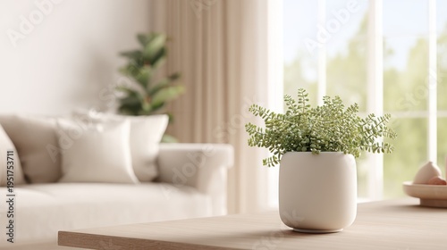 Serene Living Room Interior with Minimalist Design Accents and Natural Light, Featuring Potted Greenery on a Wooden Table