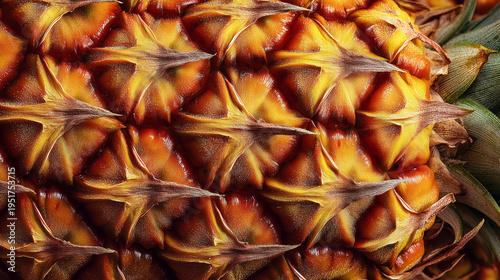 Close-up of a ripe pineapple's textured, golden-brown rind