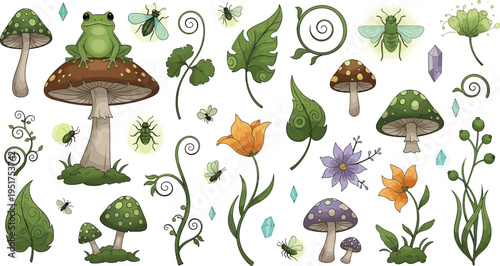 Magical forest mushrooms frogs glowing insects leaves flowers and fantasy plants whimsical hand drawn vector illustration set