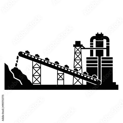 Mining Conveyor Belt System with Processing Plant Silhouette.