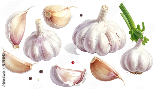 Digital illustration of garlic bulbs and cloves with peppercorns, and green stems