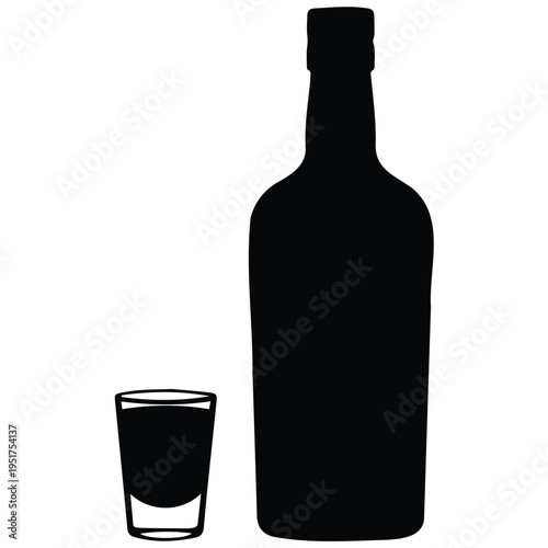 Black silhouette of liquor bottle and shot glass on white