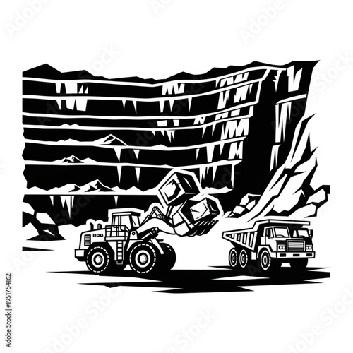 Mining Operation - Loader and Dump Truck Extracting Resources from Open Pit.