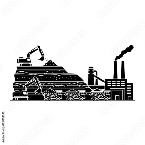 Mining Operation with Excavators, Trucks, and Industrial Plant Illustration.