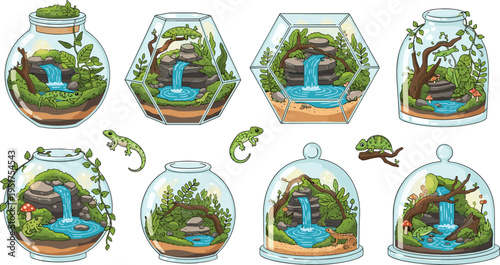 Miniature forest terrarium with waterfalls moss plants lizards and mushrooms in glass jars hand drawn vector illustration set