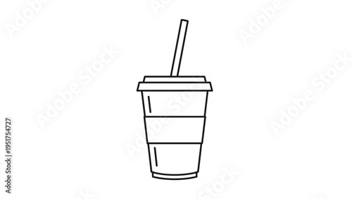 Simple black and white line icon of a disposable take-out cup with a straw for beverages and refreshments.
