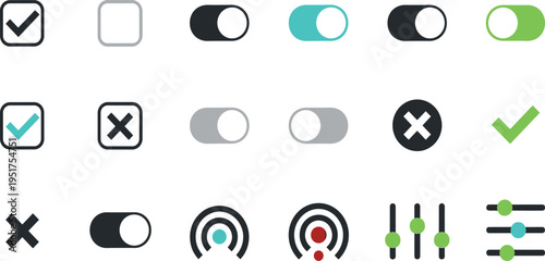 A Set of Modern UI Icons Featuring Checkboxes, Toggles, and Sliders for User Interface and Web Design