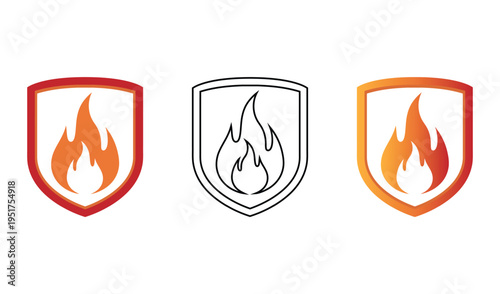 Fire protection shield icons set with flame symbols in different graphic styles