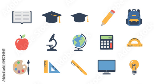 Education icons showcase various learning tools and objects in a digital illustration.