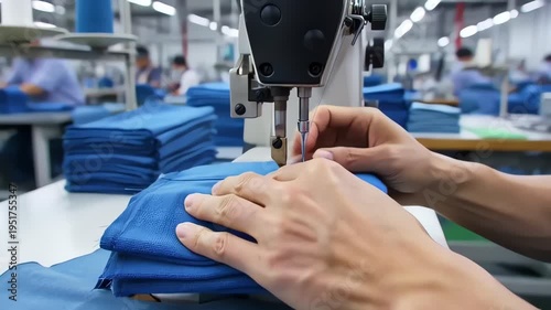 Industrial sewing machine operator stitching blue fabric in factory