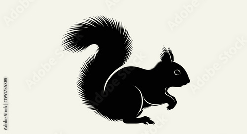 Black Silhouette of a Squirrel with Fluffy Tail on Light Background