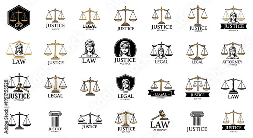 Law and Justice Symbols: Scales, Gavel, Goddess of Justice Icons
