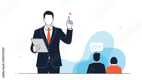 Professional businessman in a suit giving a presentation or speech to an audience represented by silhouettes.
