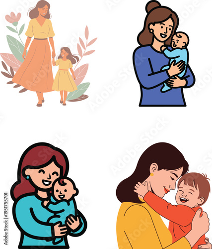 Mother and daughter walking, mom holding baby, happy mom embracing her child.