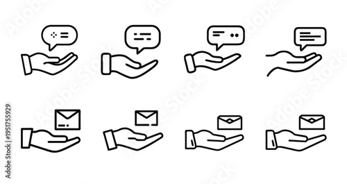 Hand holding envelope and speech bubble line icon set for message communication and delivery service vector illustration or editable stroke