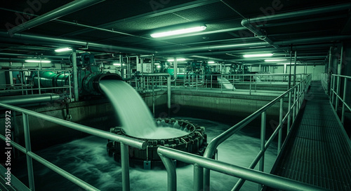 Industrial Wastewater Treatment Plant with Flowing Water and Pipes.