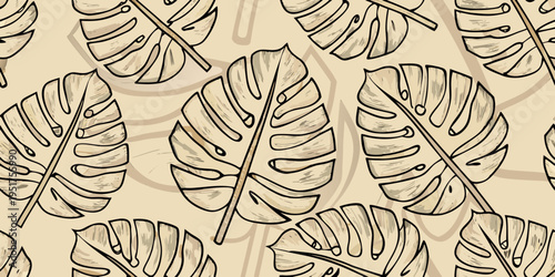A seamless pattern of monstera leaves in a sketched neutral palette