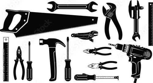 Hand tools silhouettes, construction equipment, mechanical instruments, DIY repair tools, black vector icons, workshop essentials, industrial design, measuring instruments