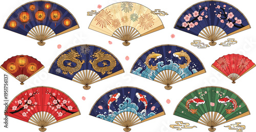 Traditional Japanese folding fans with koi dragons waves cherry blossoms and lanterns decorative vector illustration set