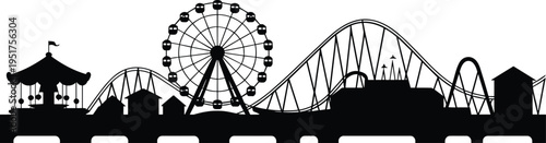 Black silhouette of amusement park with Ferris wheel, roller coaster, carousel, thrilling rides illustration for entertainment, fun design