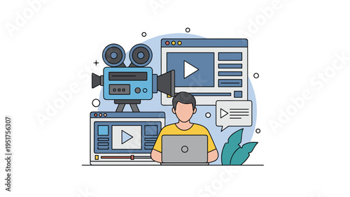 Video content creator working on a laptop with camera icons and media player interfaces in the background.