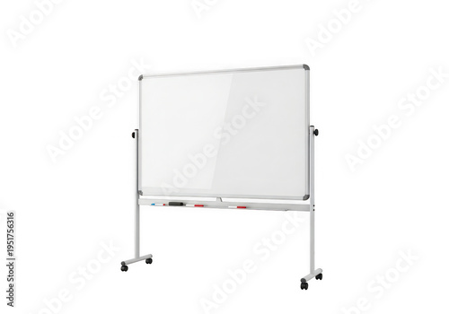 Mobile standing whiteboard with markers isolated on transparent background