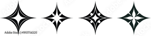 Set of four black starburst shapes with pointed tips and white accents
