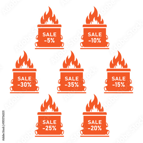 Fiery sale discount icons in square boxes showing percentages from five to thirty five percent
