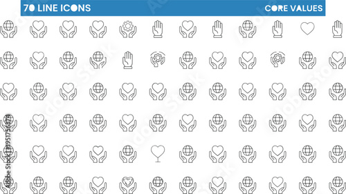 Core values line icons set, hands holding heart globe gear, corporate responsibility ethics support outline vector collection for business branding