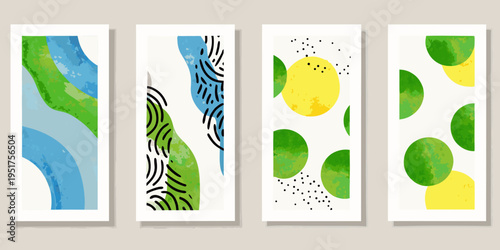 Four abstract vertical panels with colorful brushstroke and geometric patterns
