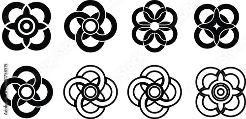 Black and white geometric flower shapes with interconnected circles and lines