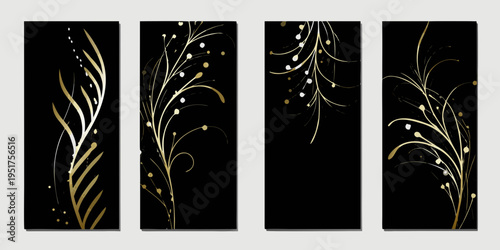 Four vertical panels displaying abstract golden branches on black backgrounds