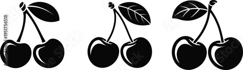 Three pairs of cherries with leaves on stems isolated on transparent background