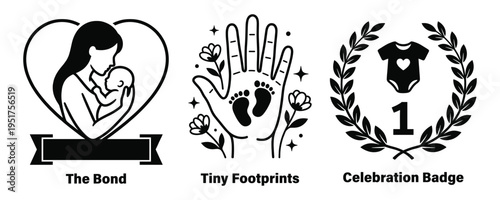 mother's day celebration badge with baby footprints and heart bond illustration