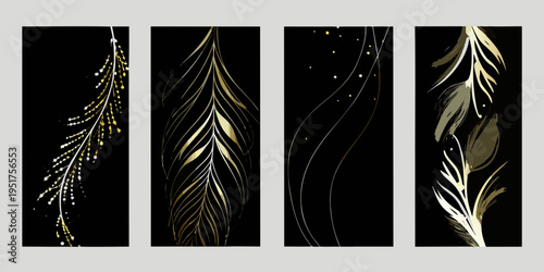 Four vertical panels displaying elegant golden feather illustrations on black