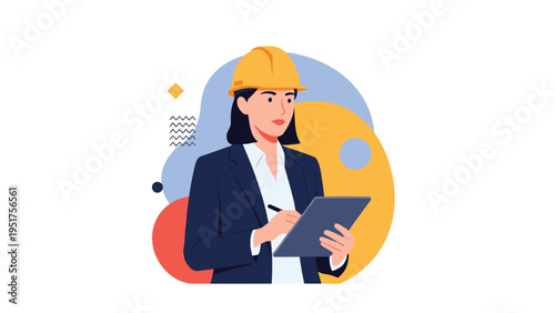 Professional female engineer or architect wearing a safety helmet and suit while taking notes on a digital tablet.