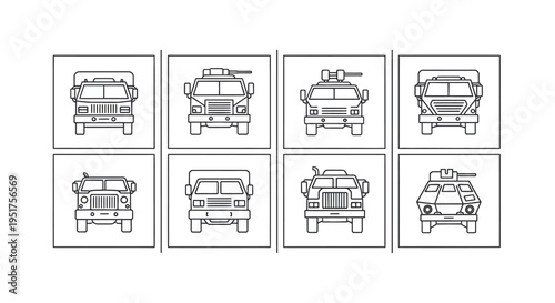 Set of military truck illustrations, armored vehicles, transport, icons