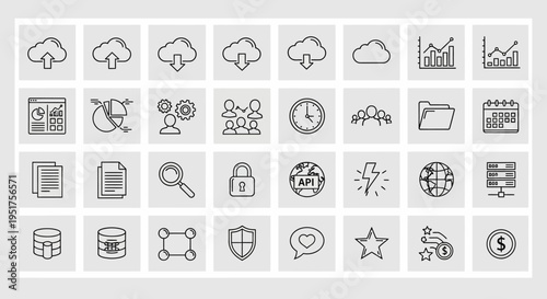 Modern Line Icons Set: Cloud Computing, Data Analysis, Business & Technology Concepts