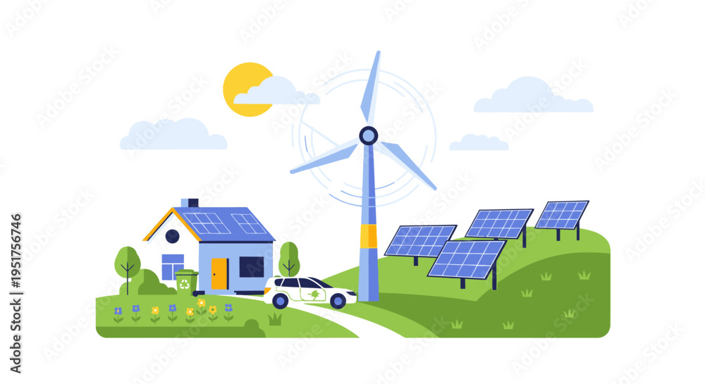 Fototapeta premium Eco friendly home, renewable energy, solar panels, wind turbine, sustainable living