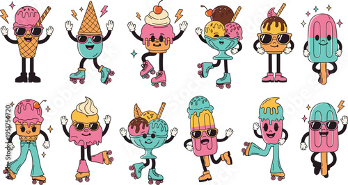 A Set of Cool Ice Cream and Popsicle Characters Roller Skating with Sunglasses, Fun and Colorful Summer Desserts