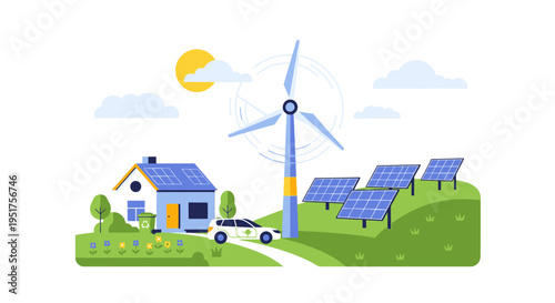 Eco friendly home, renewable energy, solar panels, wind turbine, sustainable living