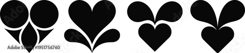 Set of black heart shapes with leaves on white background