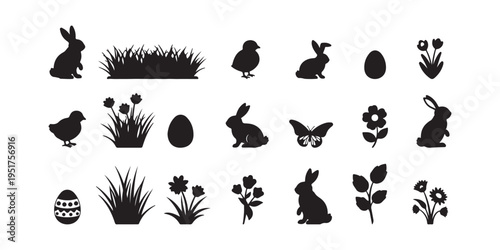 Easter silhouette icons of bunnies eggs and florals