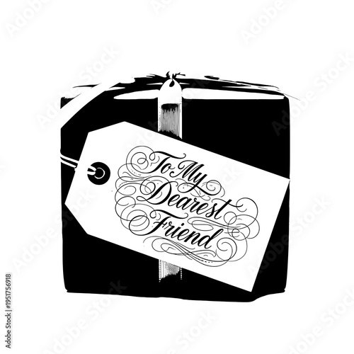 Elegant Black and White Hand-Drawn Gift Box with a Beautifully Scripted 'To My Dearest Friend' Tag for Special Occasions