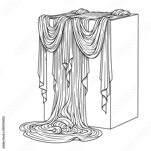 A Descriptive Line Art Illustration of Flowing Classical Drapery over a Rectangular Pedestal
