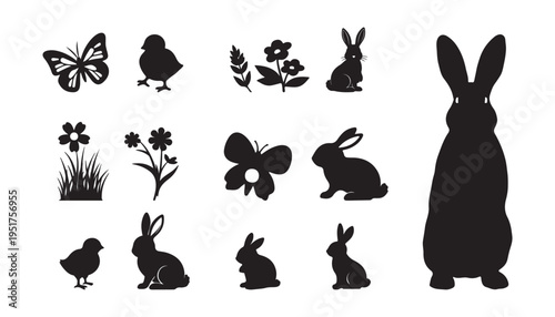 Silhouette of rabbits, butterflies, flowers, and birds