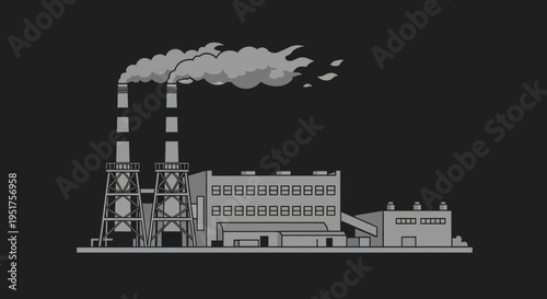 Industrial factory with smokestacks emitting smoke on a black background