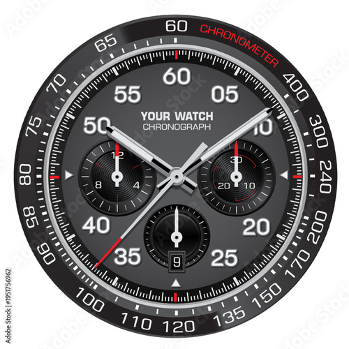 Realistic steel watch chronograph black red face dashboard on white background design modern luxury for men fashion vector