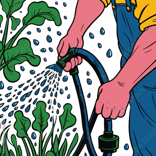 Colorful bold line art sticker of a farmer watering crops with a hose, thick outline, white background 2