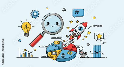 Business growth concept with rocket launch and magnifying glass analysis